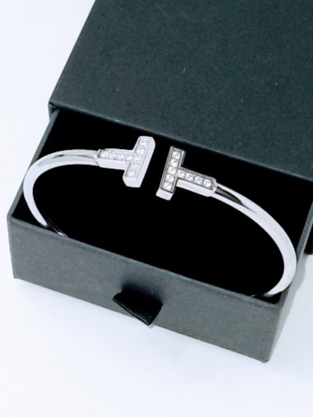 18k Gold Plated "T" Bangle Bracelet with Cubic Zirconia 316L Steel Trendy Love